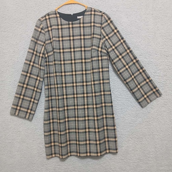 H&M Dresses & Skirts - H&M Mod Plaid Long Sleeve Mini Shift Dress Size M Academia Old Money Neutral